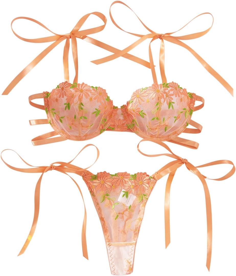 Lilosy Sexy Tie Side Embroidered Underwire Push Up Cute Strappy Mesh Sheer Bachelorette Lingerie Set (Medium, Flower Orange)
