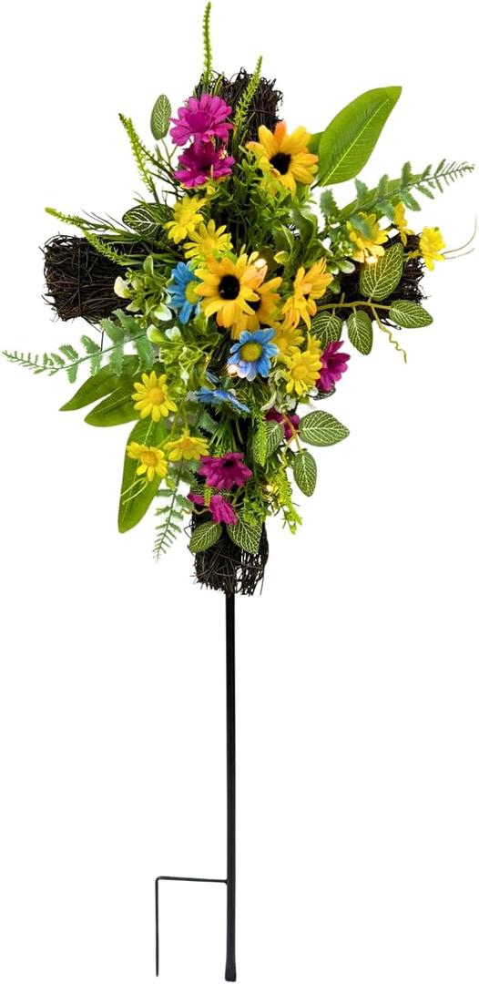 Svndlyn 32 Inch Solar Cross Stake Lighted Cemetery Stake with Sunflowers Daisies Colorful Wildflowers for Garden Cemetery Memorial