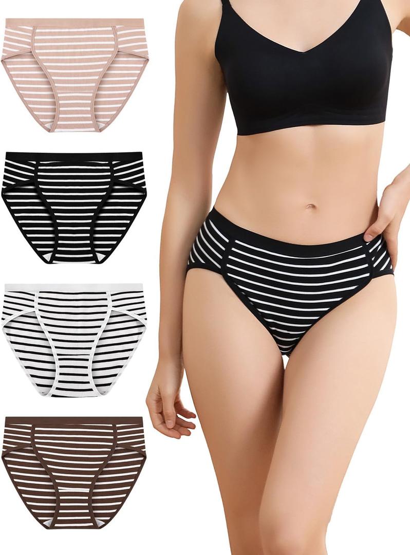 Women Cotton Cheeky Underwear - French High Cut Striped Panties (S)
