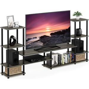 Furinno TURN-N-TUBE TV Stand, Wide Open Frame Entertainment Center with Open Shelves Storage, TV Console with Tall Side Shelves for TV up to 48 Inch, for Living Room, Bedroom, French Oak, French Oak Grey/Black