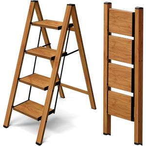 Taranta 4 Step Ladder,Aluminum Lightweight Folding 4 Step Stool with Anti-Slip Wide Pedal, 330lbs Capacity Step Ladder for Household,Kitchen,Office - Woodgrain