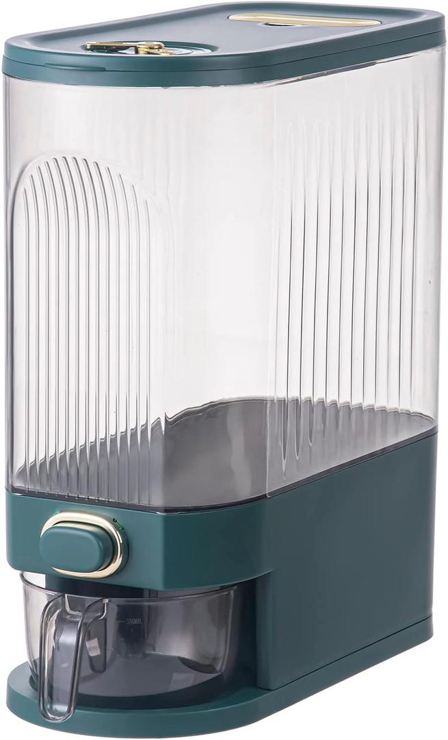 Sooyee Clear Rice Dispenser, Large Grain Container Storage with Lid Measuring Cylinder Moisture Proof Household Cereal Dispenser Bucket for Kitchen Soybean Corn,Clear and Green (22 Lbs)