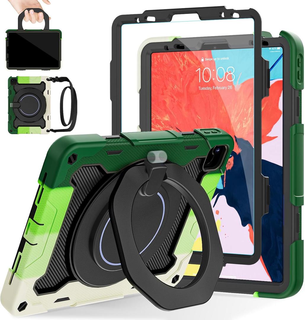 ROISKIN for iPad Air 5th 4th Generation Case (2022 2020) 10.9 inch & iPad Pro 11 Case 4th/3rd/2nd/1st Gen[Screen Protector,15ft Drop Protection] with 360 Stand Hand Strap for Kids Women Man (Ring Stand-Green/Black)