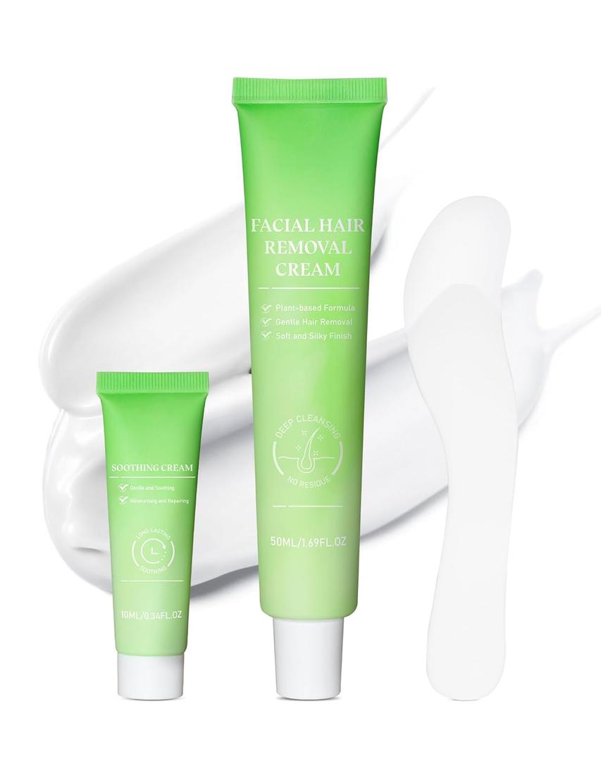 Painless Facial Hair Removal Cream for Women - Sensitive Skin 2-in-1 Kit with Soothing Cream | Upper Lip & Chin Hair Remover | At-Home Depilatory (4 Min, 7 Days Smooth),2.03 Fl Oz