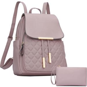 KKXIU Quilted Trendy Leather Backpack Purse for Women and Ladies Shoulder Travel Daypacks Bags with Wristlets (Y-Pink)