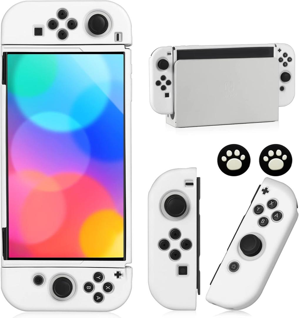 Switch OLED Case for Nintendo Switch OLED Model, Dockable Cover Soft TPU Protector Case for Switch OLED Grips & Console and Accessories with 2 Pcs Thumb Caps, White