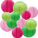CC wonderland zone 12pcs Hot Pink and Green Paper Lanterns, Hanging Paper Lanterns for Bridal Shower Rustic Boho Birthday Wedding Home Decor Party Decoration