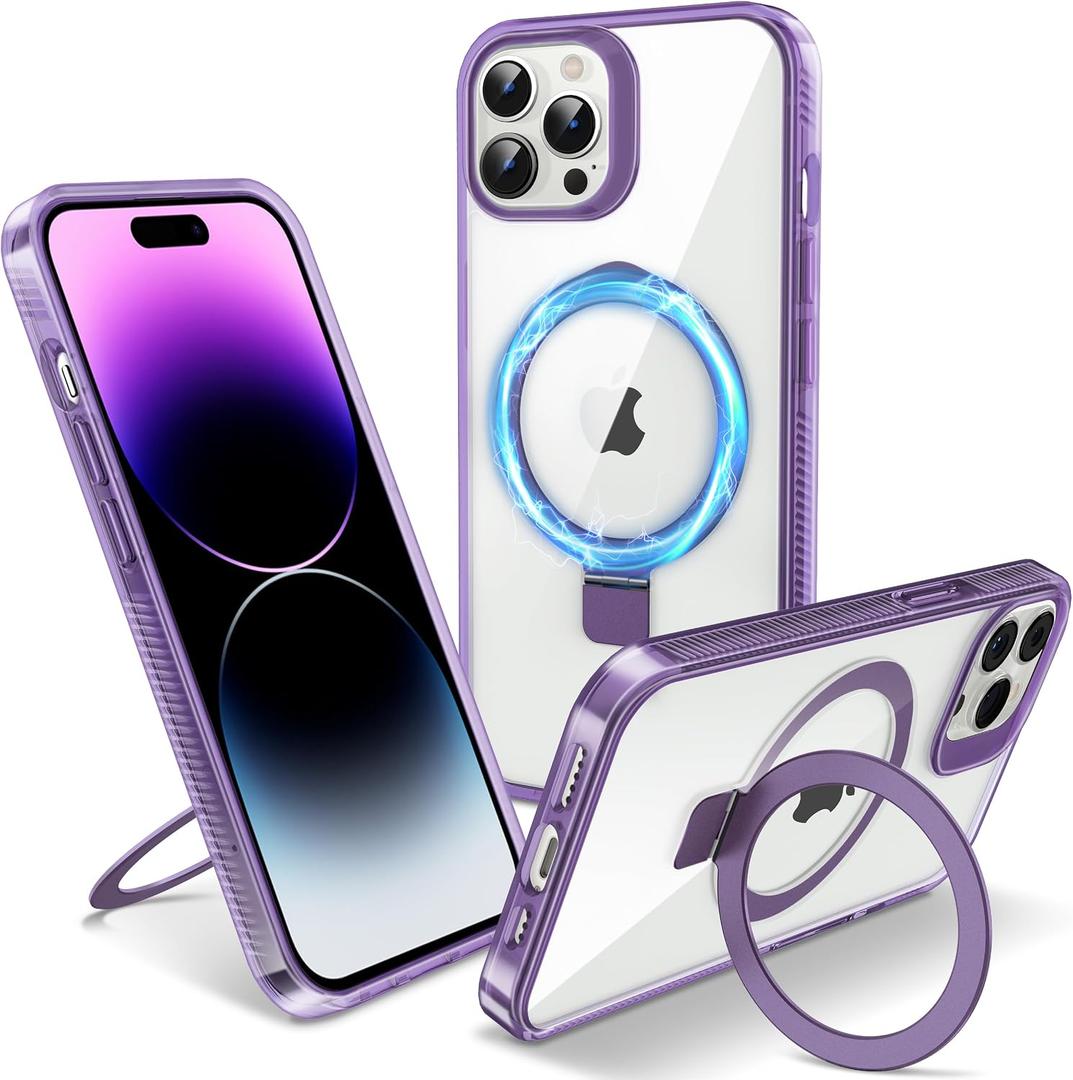 Magnetic Case for iPhone 14 Pro Max - [Built-in Invisible Stand] [Compatible with MagSafe] [Military Grade Drop Protection] Anti-Yellowing Hard Back Silicone Edge Cover, 6.7", Clear Purple
