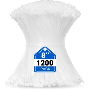 Zip Ties, RAZCC 1200pcs Cable Zip Ties 8 Inch, Heavy Duty White Plastic Wire Ties with 50lb Tensile Strength, Self-Locking Nylon Cable Ties, Wire Management for Indoor and Outdoor