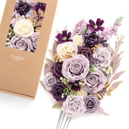 Ling's Moment Artificial Flowers and Greenery for DIY Lilac & Cream Deluxe Box Wedding Bouquet Centerpieces Floral Arrangement Decor