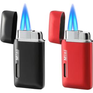 2 Pack Mini Butane Lighter, Double Jet Torch Lighter with Visible Window, Refillable and Adjustable Pocket Lighter, Great Little Gift for Men and Women, Black and Red (Without Gas)