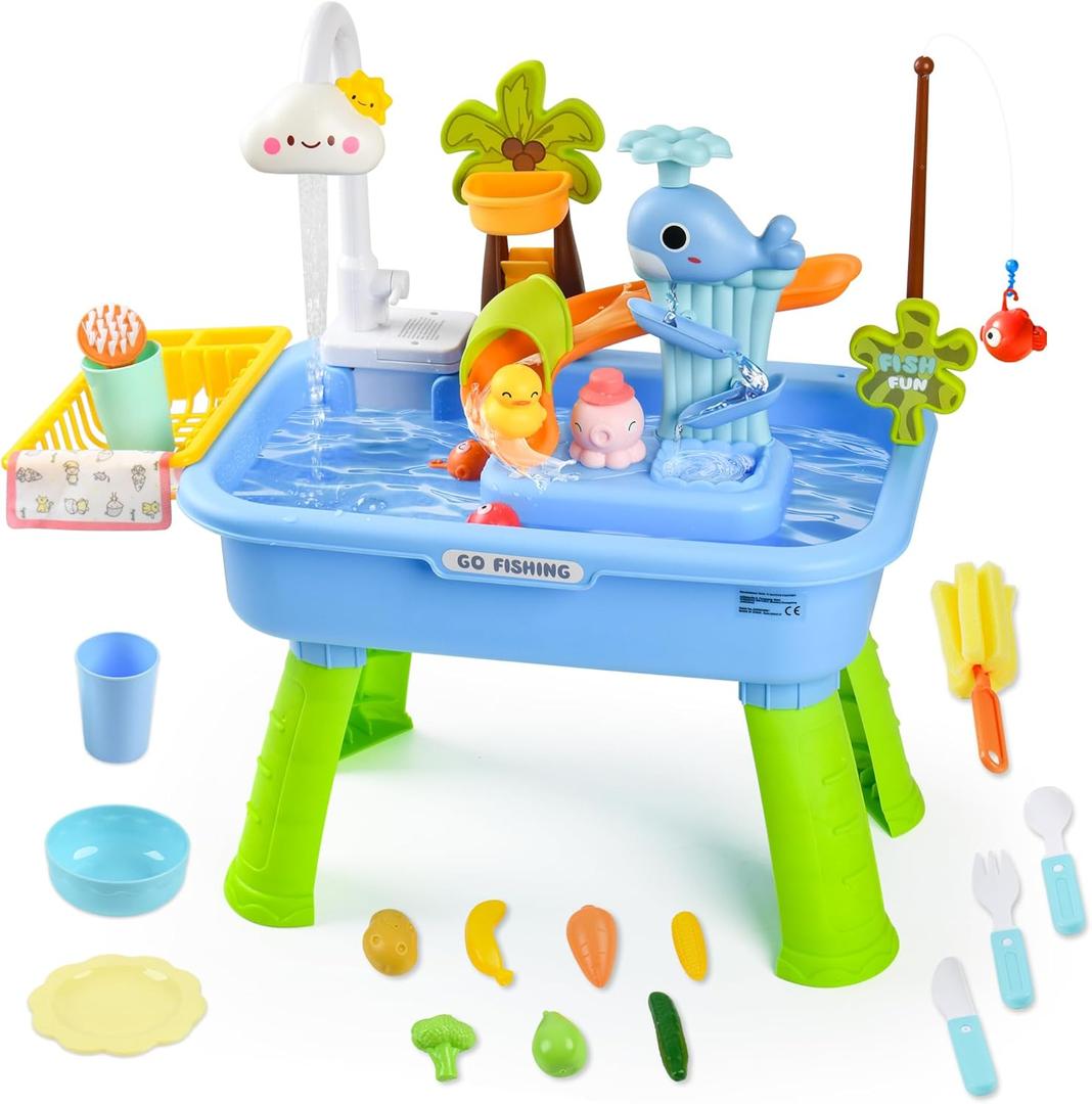 2026 Upgraded Toddler Sand Water Table Toy with Electric Water Pump, Kids Sand Water with Faucet/Play Food Accessories/Fishing Toy, Kitchen Play Sink Toys for Girl Boy Age 3+ (Blue)