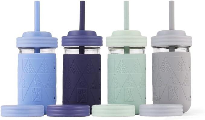 Elk and Friends Kids + Toddler Glass Cups | The Original 12oz Glass Mason Jar with Sleeves + Lids | Silicone Straws + Stopper | Smoothie Cup | Food Storage | Spill Resistant | Dishwasher Safe | 4 Pack, Color: Sage/Navy/MistyBlue/Gray
