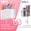 Straw Holder and Organizer for Reusable Straws Rack with Strong Suction Cup & Adhesive, Under Cabinet or On Wall Mount, No Drill Kitchen Organization for Metal, Glass, Silicone Straws White Pink