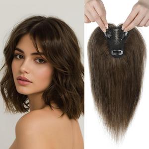 REECHO 10" Real Human Hair Topper for Women with Thinning Hair, Clip-in Crown Hairpiece for Instant Volume and Gray Root Coverage Real Hair Toppers Wiglett, Light Chestnut Brown