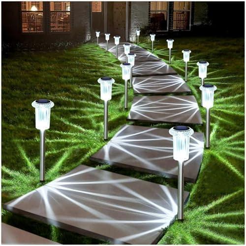 DenicMic Solar Lights Outdoor 5 Pack Waterproof Solar Christmas Lights Outdoor 6000K Cold White LED Stainless Steel Stake for Pathway Yard Garden Driveway Outside Decor
