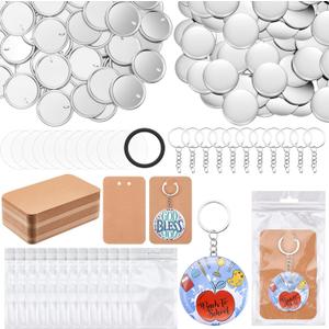 Tondiamo 100 Sets 58 Mm/ 2.25 Inch Button Maker Keychains Supplies Metal Button Badge Sets Including Metal Shell, Plastic Film, Backing Parts, Bags, Cards for Maker Machine DIY Christmas Gifts