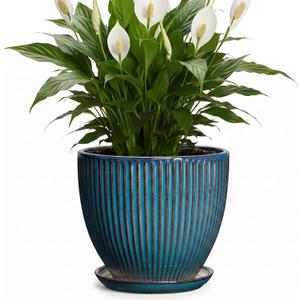 Ceramic Plant Pots, 8 Inch Planters for Indoor Plants, Decorative Flower Pots with Drainage Hole and Saucer, Round Planter, Indoor Flower Pot, Modern Home Decor, Plant Lover Gifts, Retro Blue