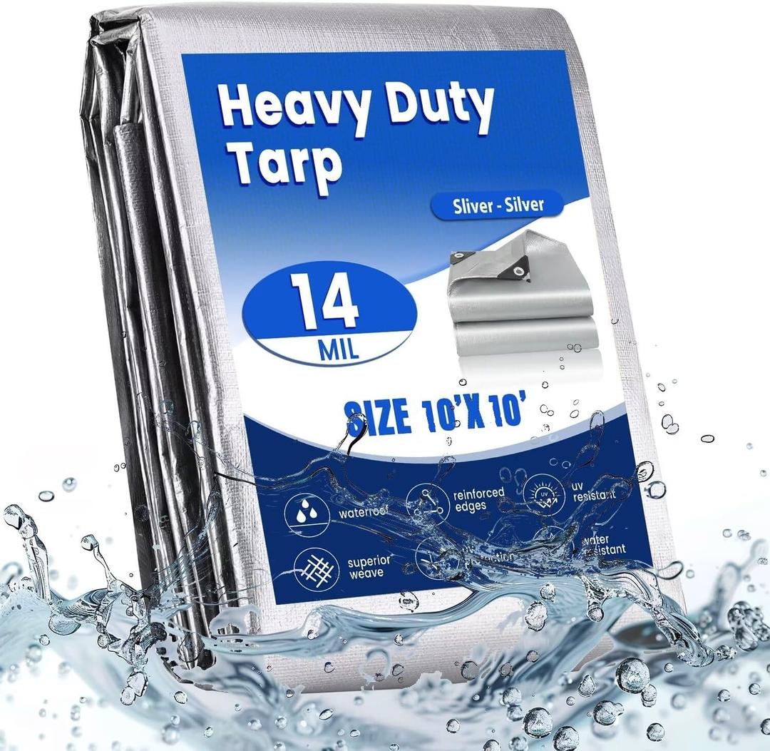 14Mil Finished Size 10x10 Tarp Heavy Duty Waterproof, Large Outdoor Multipurpose Protective Cover (Silver/Silver)