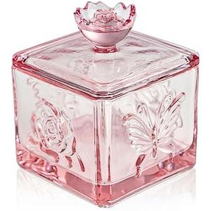 WHJY Cute Glass Vintage Candy Jar with Lid, Iridescent Colored Glass Candy Jar for Office Desk, Pink Candy Dishes for Candy Buffet, Cookie Jar 4.5” Tall