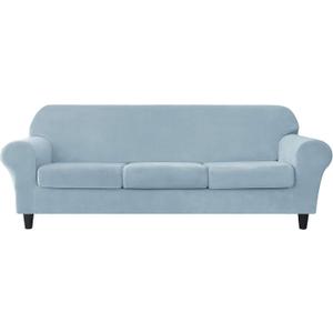 CONRUSER Stretch Sofa Slipcover, Soft Velvet Sofa Covers for 3 Cushion Couch Thick Furniture Protector for Pets & Kids (Light-blue, L)