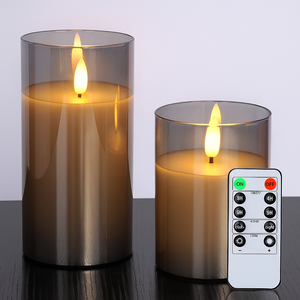Amagic Glass Flameless Candles, Battery Operated Candles, LED Pillar Candles with Remote Control and Timer, Electric Fake Candles, Wax, Grey Glass, D3 H4 5" 6", Set of 2