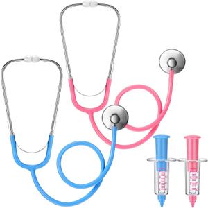 4 Pcs Kids Stethoscope with Syringe Toy Stethoscope Preschool Pretend Doctor Toys for Costume Kids Boys Girls Role Play Accessories, Pink Blue
