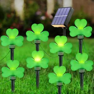 St Patricks Day Decorations Solar Garden Lights Outdoor Waterproof 8 Pack Green Shamrock Three Leaf Lucky Clover Solar Stake Lights 8 Modes for Yard Pathway Party Outside Irish St. Patrick's Day Decor