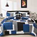 Dobuyly Grey White Blue Quilt Set Queen Size, Black White Geometric Queen Quilt with 2 Pillowshams, 3PCs Lightweight Microfiber Bedding Set, Reversible Bedspread Coverlet Set for All Season 96"x90" | Breathable