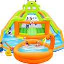 WELLFUNTIME Inflatable Water Double Slides Park with Blower, Bouncy Castle with Water Cannon, Dino Pool, Frog Castle, Climbing Wall, Basketball Hoop, Backyard Water Park for Kids