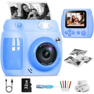 Gofunly Kids Camera Instant Print, Birthday Gifts for Girls Boys with 3 Rolls Print Paper & 32GB Card, 48MP Kids Digital Camera 1080P HD Video Toddler Toy Cameras for 3-12 Years Old, Blue