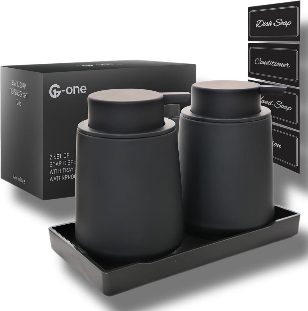 G-one Rust-Proof 12ounce Non Leakable Plastic Liquid & Lotion Refillable Matte Black Hand Dish Soap Dispenser Set with Tray and Waterproof Labels for Modern Bathroom and Kitchen(Rubber Paint)