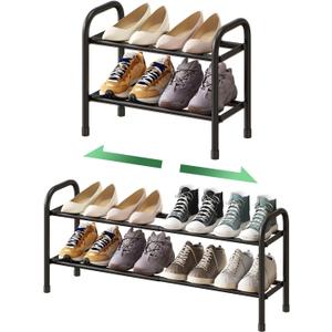 2-Tier Shoe Rack for Closet, Expandable Metal Shoe Organizer, Adjustable Shoe Shelf Storage Organizer, Standing Shoe Rack for Entryway Closet Doorway (Black)