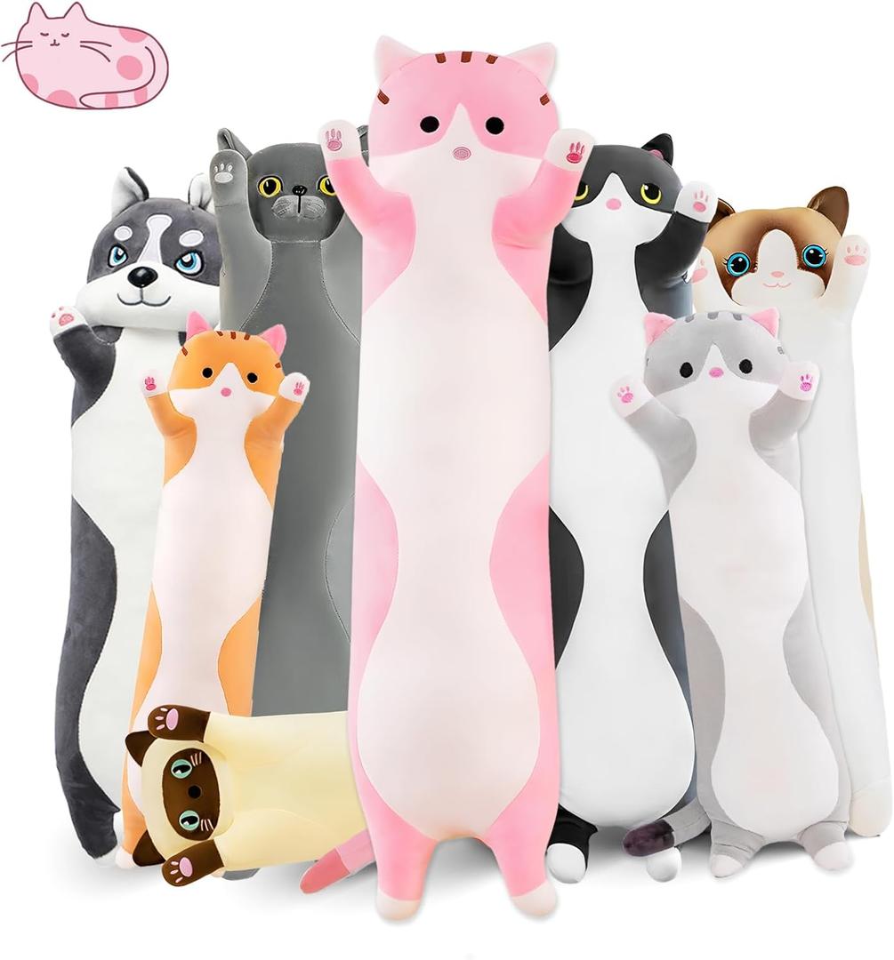 Long Cat Plush Pillow, 19.6in Cute Pink Cat Plushie Stuffed Animals Body Pillow, Kawaii Kitten Soft Plushie Doll Toy Birthday Gift for Kids Girlfriend