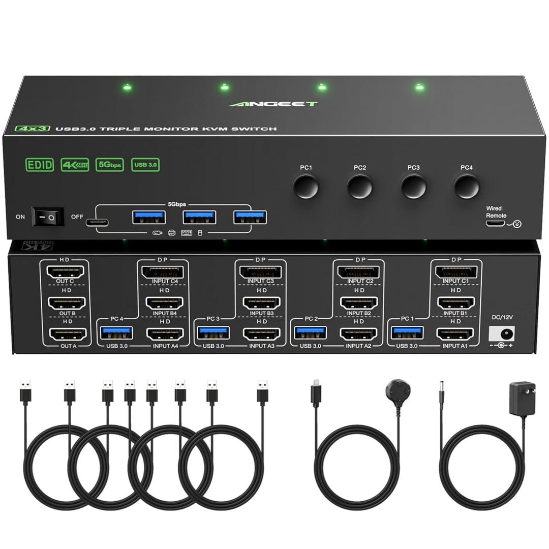 KVM Switch 3 Monitors 4 Computers 4K@60Hz,EDID Simulation,USB 3.0 HDMI Displayport KVM Switch Triple Monitor for 4 PC Share 3 Monitors and Keyboard Mouse Printer,with Wired Remote and 4 USB Cables