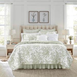 Laura Ashley - Twin Quilt Set, Reversible Cotton Bedding with Matching Sham, Lightweight Home Decor for All Seasons (Bedford Green/Off-White, Twin)