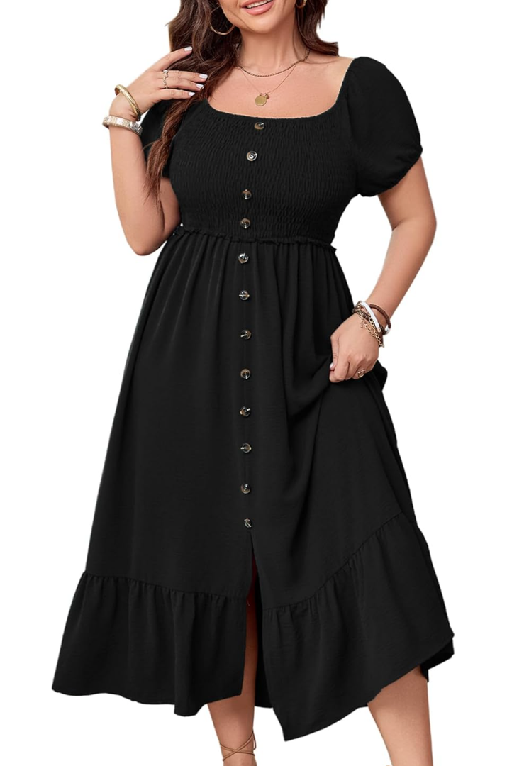 SCOMCHIC Womens Plus Size Summer Dresses Short Sleeve Square Neck Button Down Smocked Casual Ruffle Slit Maxi Boho Dress 2XL