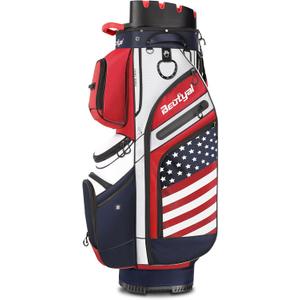14 Way Golf Cart Bag with T Lock Top & Full Length Dividers, USA Flag Men's Golf Club Cart Bag Premium Cart Golf Bag with Cooler and Rain Cover