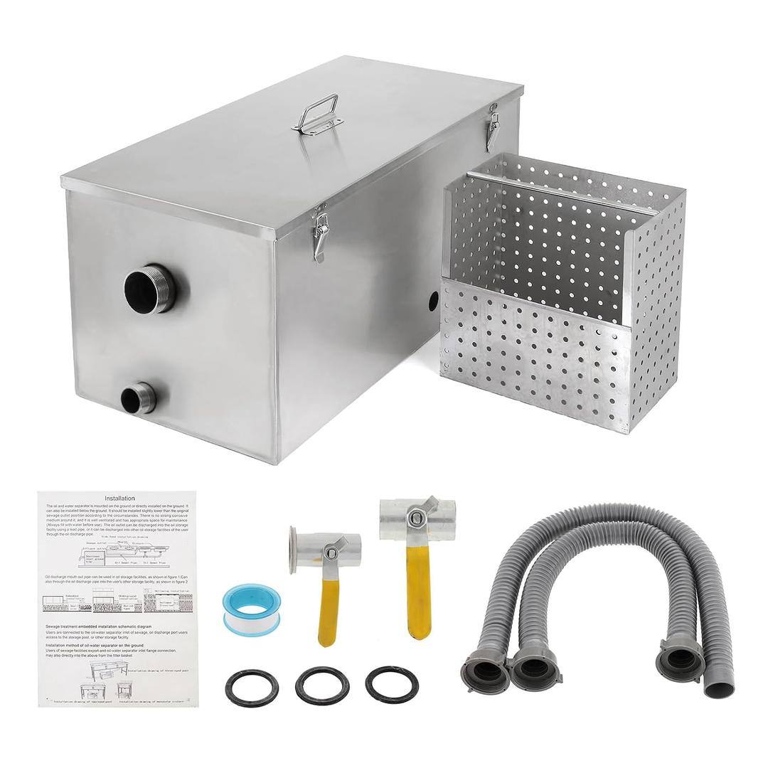 BEAMNOVA Commercial Grease Trap 25lbs Stainless Steel Interceptor, Side Inlet for Restaurant Home Kitchen Tools, 400 Ounce