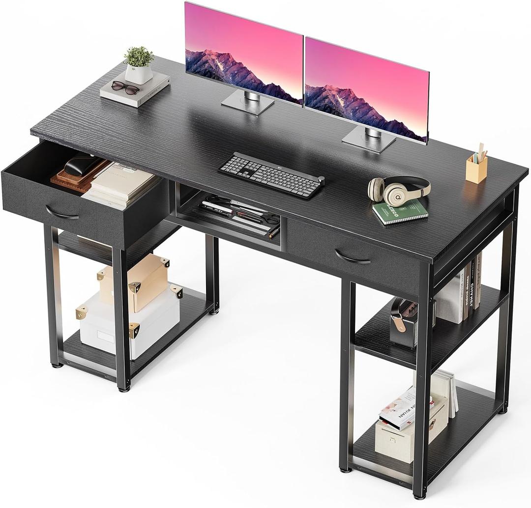 DUMOS 48" Small Computer Home Office Desk for Bedroom with Drawers, Gaming Writing Study Table with Storage Shelf, Adjustable Feet, Metal Frame Black