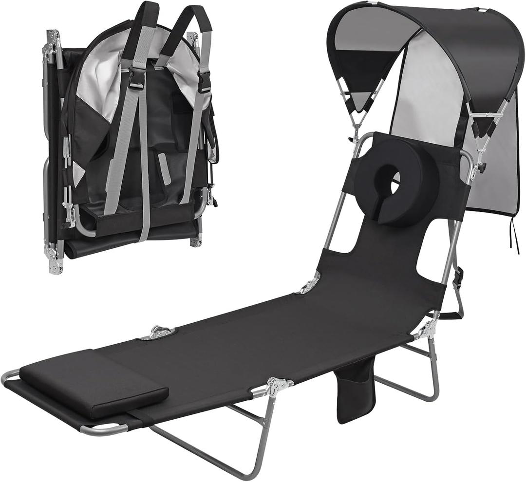 Backpack Beach Tanning Lounge Chair with Canopy Shade Face Hole Padded Adjustable Washable, 6 Position Layout Chair for Outside Sunbathing Poolside Lawn, UPF 50+ Wind-Resistant Sun Shade, Patented