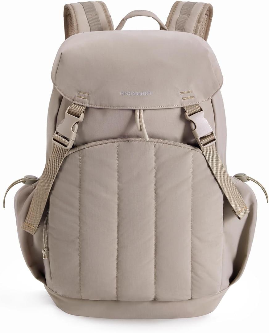 BAGSMART Backpack for Women, Wide Opening Travel Backpack, College Backpack for 15.6 Inch, Water-Resistant Quilted Daypack Lightweight Bookbag, Camel
