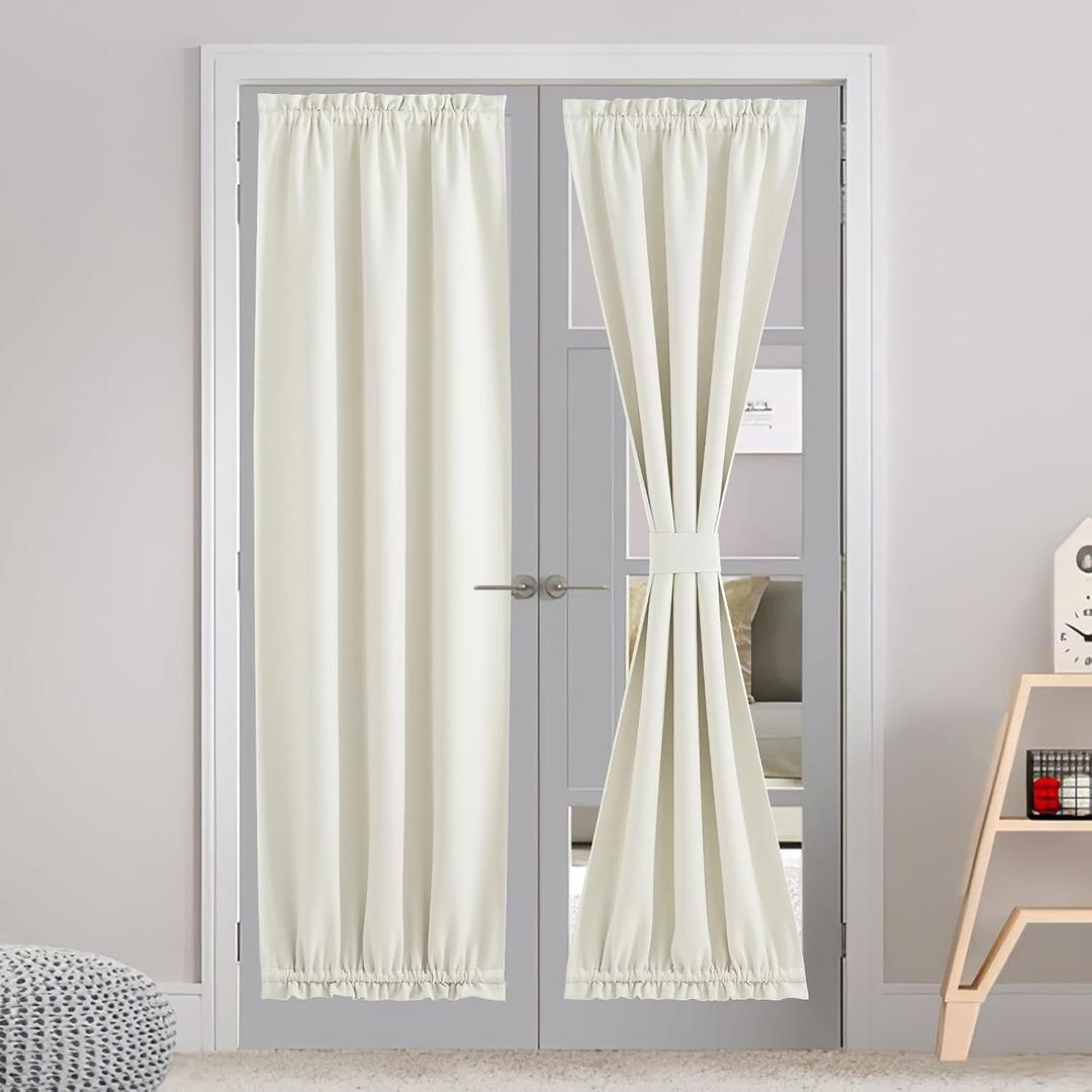 NICETOWN Farmhouse Door Curtain - Window Treatments Panels Thermal Insulated Energy Efficient Rod Pocket Faux Linen Curtains for Glass French Patio Door with Tieback, 30 x 72 inches, Natural, 1 Piece