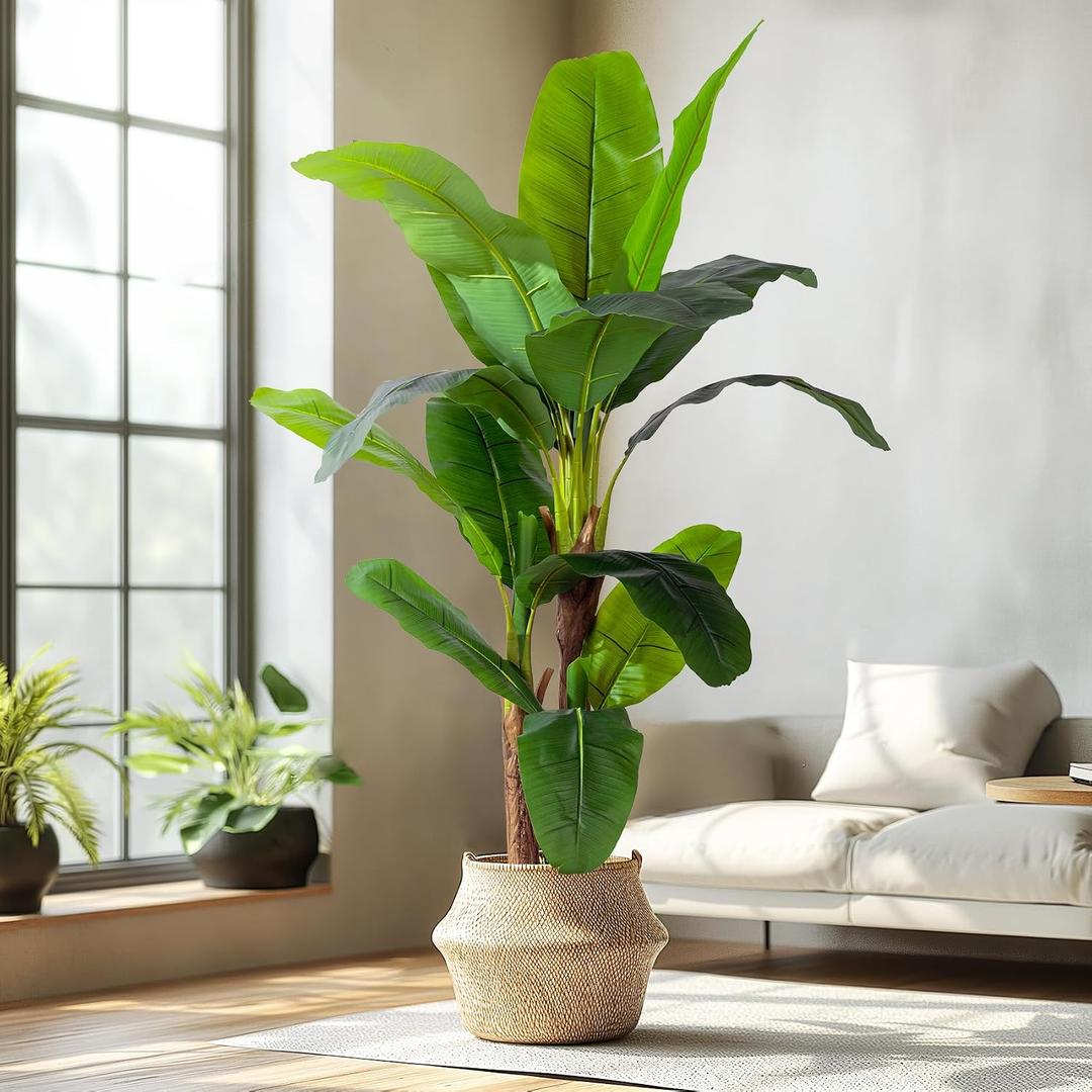 Erimda 8.2FT Artificial Banana Tree, Lifelike Fake Banana Leaf Tropical Silk Tree, Easy Assembly Faux Floor Plant with Sturdy Trunk, Maintenance Free for Indoor Home Patio Pool Outdoor Tropical Decor