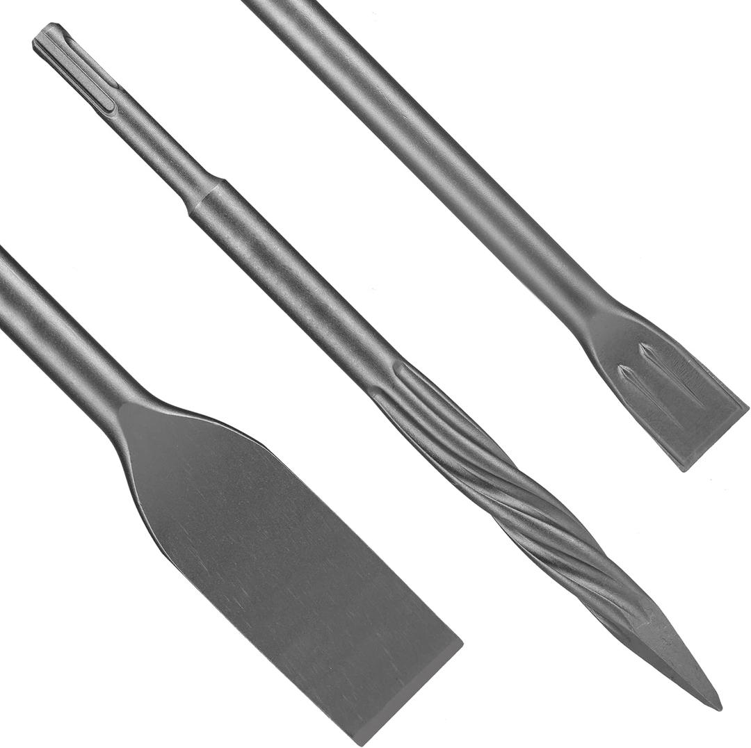 SDS-Plus Chisel Set 3pc for Concrete, Rock, Mansory, Brick, Stone - Tile, Self-Sharpening Flat and Point Steel Chisels for Rotary Hammer Drill - with Storage Case - MUZAGUI