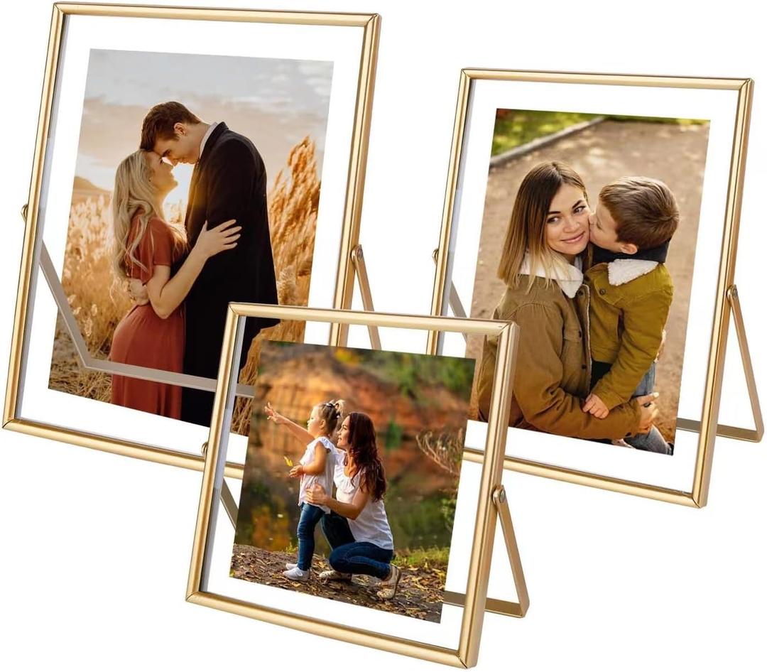 Gold Picture Frames Set of 3, Metal Geometric Photo Frame with Glass Cover Includes 5x7, 4x6, 4x4 - Tabletop Floating Picture Frames for Home Wedding Decoration, Gift for Father's Day