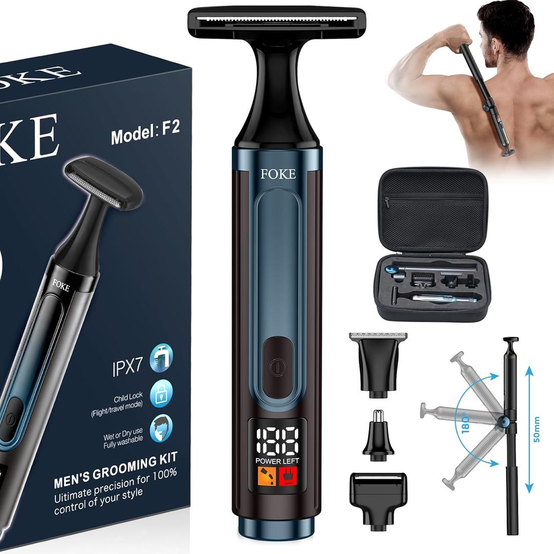 FOKE Back Shaver for Men, Ultra-Wide 1.8" T-Shaped Head, Travel Case, LED 4 in 1 Mens Back Shaver Rechargeable with Long Handle, Safety Lock, IPX7, Multi-Functional Back Trimmer for Men, (Steel Blue)