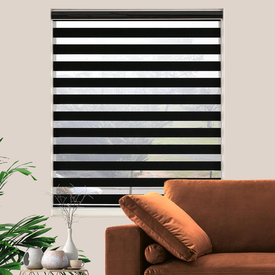 Blackout Zebra Blinds, Dual Layer Free-Stop, Room Darkening Zebra Shades, Blinds for Indoor Windows, Light Filtering Privacy Sheer Shade for Home(27" W X 72" H, Black)