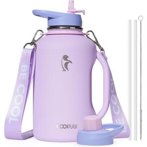 Coolflask Half Gallon Water Bottle with Straw, 64 oz Insulated Stainless Steel Water Jug With Handle Metal Double-Walled Vacuum Large Flask With Strap Leakproof, Keep Cold 48 Hrs Hot 24hrs, Lavender