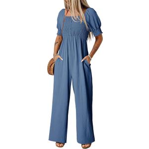 Dokotoo Jumpsuits for Women 2026 Summer Lantern Sleeves Rompers Wide Leg Casual Overalls with Pockets (L)